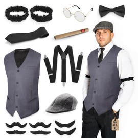 Festicy 20s Men's Costume in Mafia Gangster Look I Mafia Costume Men's Fancy Dress in Size M I L I XL with Vest, Hat, Tie and Much More I Carnival Costume Men in Charleston Style, gray, L