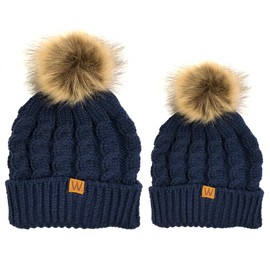 Bowbear Winter Ribbed Knit Faux Fur Pom Pom Beanie Hat, Parent/Child Navy