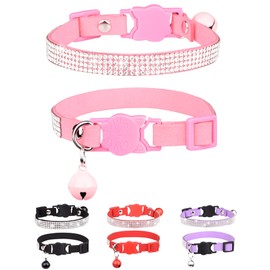 Solmoony Breakaway Cat Collars with Bell,Adjustable Safe Kitten Collar,Cat Collars for Girl Cats with Rhinestone Soft Velvet (Pink)
