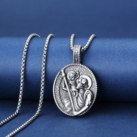 St Christopher Necklace Mens, Protection Amulet Pendant with Stainless Steel Chain, Religious Jewelry Gift