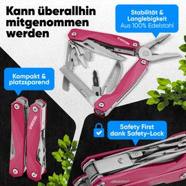 Aventuris® Pink Multi-Tool Stainless Steel with 21 Functions, Gifts for Women, Multifunctional Tool with Pliers, Saw and Screwdriver, Camping Car Gadget, Survival