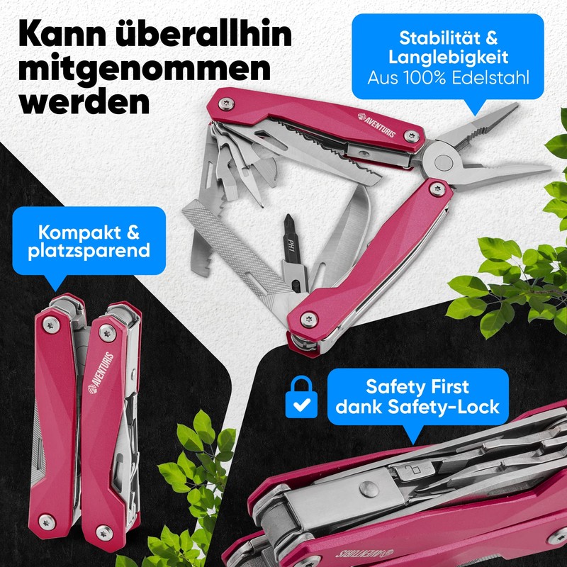 Aventuris® Pink Multi-Tool Stainless Steel with 21 Functions, Gifts for
