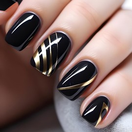 Black Press on Nails Short Square Fake Nails with Design Gold Line Glue on Nails Glossy Artificial Nails Acrylic Nails Press ons Reusable for Women Girls Daily Wear Manicure 24PCS