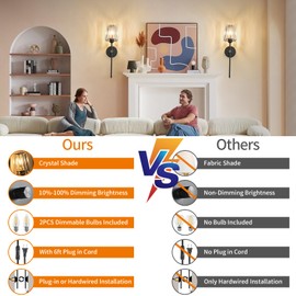 Crystal Wall Sconces Set of 2, Dimmable Wall Sconce with Plug in Cord and Dimmer Matte Black Plug in Wall Lamp Wall Mounted Light with Crystal Shade for Living Room Bedroom Vanity Light Bulbs Included