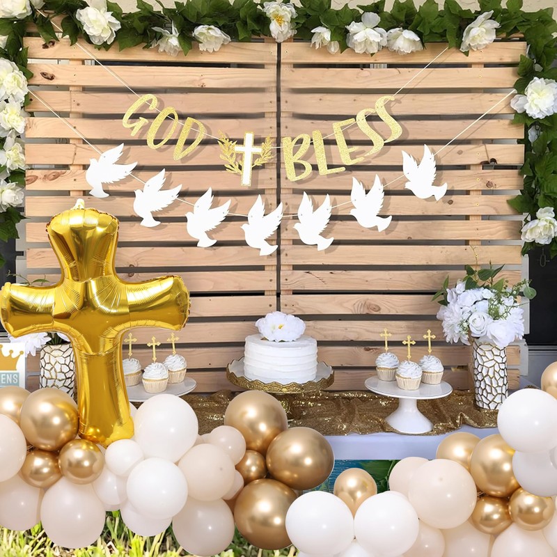 God Bless Decorations -White and Gold Dove Banner, Cross Garlands
