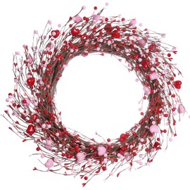 J'FLORU Valentine’s Day Wreaths for Front Door 20 Inch Valentine’s Day Wreath Valentines Wreath with Cute Hearts and Berries Valentine’s Day Gifts Anniversary Wedding Decorations (Red/Pink)