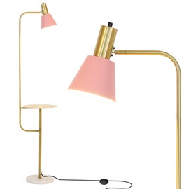 Hsyile Contemporary Modern Creative Floor Lamp with a Table,Suitable for Living Room,Den,Office,Bedroom - Standing Lamp Tall Floor Lamp - Brushed Brass Finish and Pink Lampshade