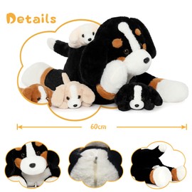 MorisMos Dog Teddy Stuffed Animal, 60cm Cuddly Mommy Dog with 4 Babies Puppy Inside Kawaii Giant Dog Plush Soft Toy Present for Kids Birthday Christmas Deco