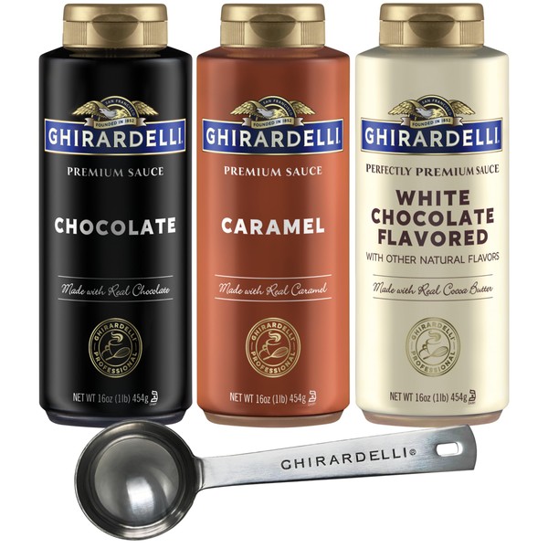 Ghirardelli Chocolate Sauce, White Chocolate Flavored Sauce, Caramel Sauce 16