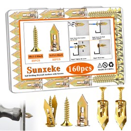 Sunxeke 160Pcs Self Drilling Drywall Anchors with Screws Kit,80 Sheetrock Anchors & 80 Zinc Expansion Screws,No Drill Needed Wall Anchors with Screws,Hold Up to 66lbs for Picture Frame,Shelves