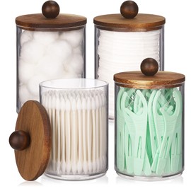 Tbestmax Qtip Holder with Wood Lids, 10oz Plastic Apothecary Jars for Cotton Ball, Cotton Swab, Floss, Clear Bathroom Containers Storage and Organizer