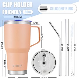 SUNTQ 30 oz 850 ml Tumbler with Handle - Reusable Travel Coffee Cup with Straw, Lid - Double-Walled Vacuum Insulated Coffee Cup - Stainless Steel Thermal Cup (Light Pink)