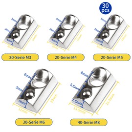 Set of 30 T-Slot Nuts M5 with Ball Nut 6 T Nuts Screws Set 20 Series with Centring Bridge M5 Aluminium Profile 20 x 20 Carbon Steel Sliding Nut with Spring Ball for Aluminium C Profile 3D Printer CNC