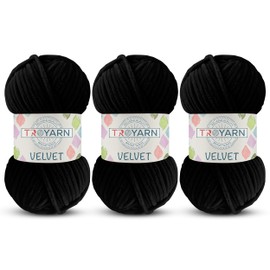 Troyarn Velvet (3- Skeins Pack ) Chenille Blanket Amigurumi Yarn for Crocheting and Knitting Super Bulky 3x100 gr (3x132 yds) (10110 - Black)