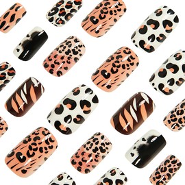 24 Pcs Press on Nails Short Square Nail Tips WLGDLH Fall Fake Nails Press ons Acrylic Nail Kit Full Cover Reusable False Nails Brown White Black Glue on Nails Leopard Print Nail Art for Ma'am