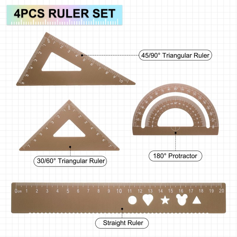 sourcing map 4pcs Triangular Ruler Set 20mm Aluminum Geometric Protractor
