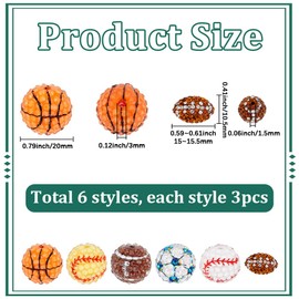 SUNNYCLUE 18Pcs 6 Styles Sports Rhinestone Beads 20mm Disco Ball Clay Charms Resin Round Basketball Football Baseball Rugby Bubblegum Chunky Bead for Beadable Pens Jewelry Making Bracelet Keychain
