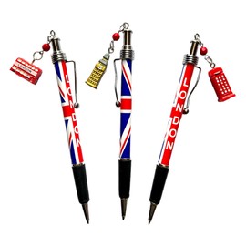 London Landmarks Charm Pen: Union Jack Pens with London Bus, Telephone Box, and Big Ben Charms (Set of 3) (3 x Mix charms)