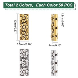 PH PandaHall 100pcs 3 Hole Spacer Beads Rectangle Bar Metal Beads with Flower Tibetan Tila Beads Multi Strand Alloy Spacers Bar Link Connectors for Summer Bracelet Necklace Jewelry Making