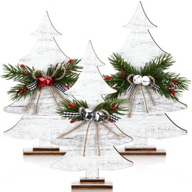 Huwena 3 Pcs Tabletop Christmas Tree Decorations Office Vintage Texture White Standing Handmade Wood Trees for Tables Rustic Xmas Decor with Pine Needle Leaf Berry Hemp Rope Bow for Home Office
