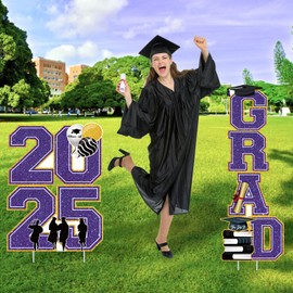 Graduation Yard Signs Class of 2025 Decorations - 2025 GRAD, 4 Pcs Large Size Purple Glittering Waterproof Congrats Grad Lawn Signs with Stakes for Outdoor Decor, High School College Graduation Party Supplies