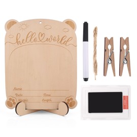 Gosknor Baby Announcement Sign, 10x8 Inches Wooden Hello World Newborn Name Sign with Bases Welcome Birth Announcement Plaque for Photo Props Baby Shower Hospital Nursery