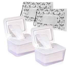 Umtiti Wipes Dispenser & Wipes Pouch/Tissue Bag, Wipes/Tissue Case with Moisture Seal Secure Lid, Non-Slip Rubber Feet & Sealing Design Keeps Wipes Fresh, Dustproof Wipes Container(2WH+2Panda)
