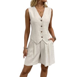 Women's 2 Piece Outfits Summer Linen Vest Waistcoat and Shorts Suits Dressy Casual Vacation Beach Two Piece Sets
