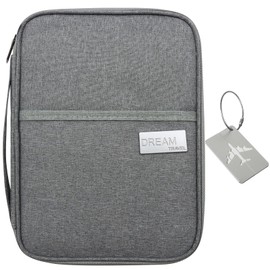 VEGCOO Passport Holder Travel Wallet, Waterproof Enlarged Travel Document Holder Unisex with Same-Color Luggage Tags, Travel Wallet Organizer for Passports, Air Tickets, ID Cards, Money, Keys (Grey)