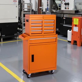 Osparple Rolling Tool Chest 5 Drawers Tool Box Organizer 2 in 1 Steel Frame Garage Storage Cabinet with 154pcs Tools, Lockable Wheels, Detachable Top and Adjustable Shelf for Workshop, Orange