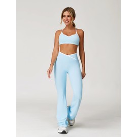 ABOCIW Two Piece Workout Sets for Women Color Block Strappy Sports Bra High Waist Flared Leggings 2 Piece Gym Set Yoga Active Wear Pilates Outfits Work Out Clothes Colorblock Ice Blue Small