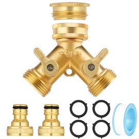 Flintronic 2 Way Brass Hose Splitter, 3/4" Tap Garden Hose Connector, Y Valve Tap Connector with Individual On/of and Two Quick Connector, Faucet Diverter for Garden, Outdoor, Courtyard (Golden)