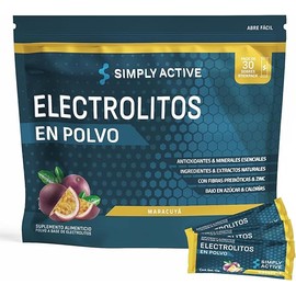 SIMPLY ACTIVE Electrolitos en Polvo | Sabor Maracuyá - Pack de 30 | Ingredientes & Extractos Naturales bajo en Azúcar | Fibras de Prebioticos y Zinc | Suero Electrolitos con Calcio, Citrato de Magnesio y Potasio