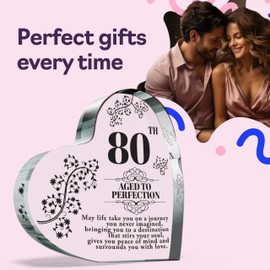 80th Birthday Plaque Gifts for Women Men - Aged to Perfection - Acrylic Heart Keepsake Gift for 80 Year Old Woman Man Her Him, 100mm x 100mm Present For Friends Family