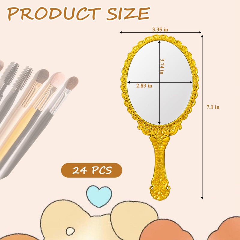 24 Pcs Vintage Handheld Mirrors for Makeup, Gold Embossed Floral