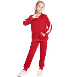 Arshiner - Conjunto deportivo de 2 piezas para niñas, sudadera con capucha y pantalón deportivo para 5 a 13 años, Rojo -, 7-8 Años