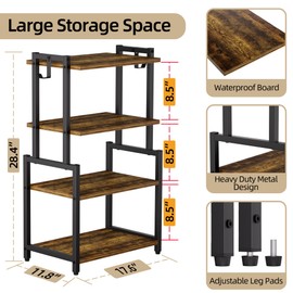 HYPIGO 4-Tier AV Media Corner Shelf, Game Console Stand with 2 Hooks, Stereo Audio Component Rack, Small Entertainment Center for Video Game and Vinyl Record Storage, Rustic Brown