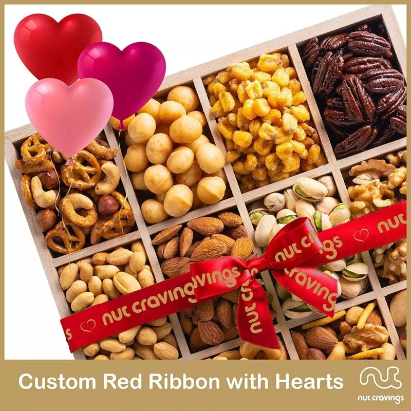 Nuts Gift Basket in Wooden Tray + Red Ribbon (12