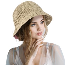 FUIPVGI Bucket Hat for Women Summer Foldable Sun Hat Bucket Hat Beach Hat Hand Knitted Bucket Hat for Women Girls, White