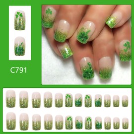 Green Glitter Shamrock Press on Nails Medium Square St. Patrick's Day Fake Nails Lucky Clover Acrylic Artificial Nails Glossy Saint Patrick Glue on Nails for Women DIY Stick on Nails