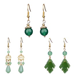 Jade Dangle Earrings Set for Women, 3 Pairs of Gold-Plated Green Jade Drop Earrings, Lucky Chinese Gift for Her, Vintage Jewelry Accessory for Women, Gift
