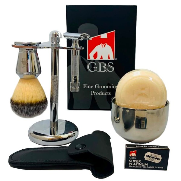 G.B.S Men's Shaving Set- MK34 Double Edge Safety Razor, Bristle Hair Brush, Dual stand, Chrome Shaving Bowl, Natural shave Soap, Leather Razor Case and 10 Blades