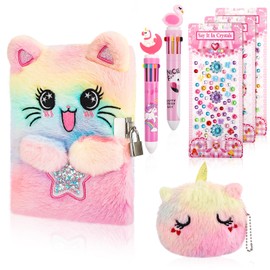 Guiqulai Cat Diary with Lock and Key,Tie-Dye Plush Diary Notebook,Secret Diary with Unicorn Coin Purse 2 Multicolored Ballpoint 3 Crystal Sticker,Stationary Present for Girls Age 4-12