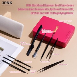 JPNK - Kit de eliminación de espinillas negras, extractor de comedones, kit de eliminación de acné y kit de recortadora de cejas, 8 piezas en uno con 