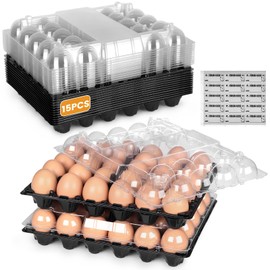 HANSGO Plastic Empty Egg Cartons, 15-Pack, Clear Storage Container with 30-Egg Capacity, Black Base, 5 x 6 Grid Design For Market Home Ranch