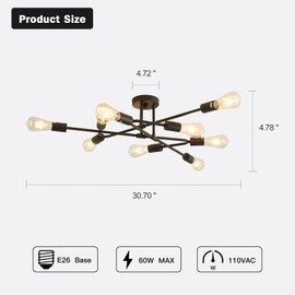 ZGLAOJT Black Semi Flush Mount Ceiling Light Fixture，9 Light Modern Metal Chandelier，Ceiling Light for Kitchen Farmhouse Island Dining Room Bedroom