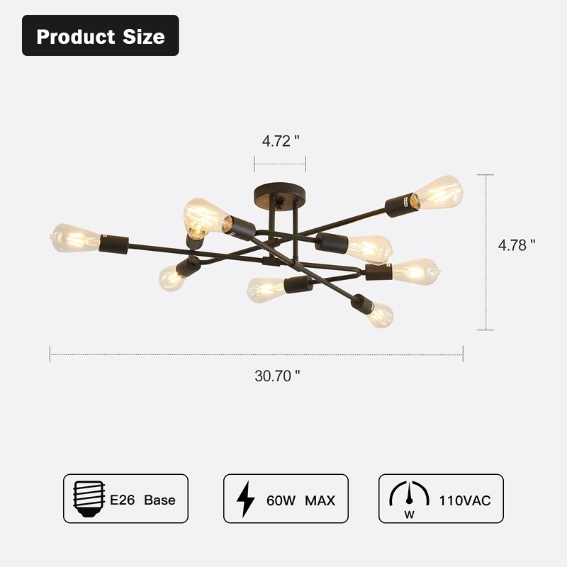 ZGLAOJT Black Semi Flush Mount Ceiling Light Fixture，9 Light Modern