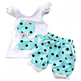 Lovelegis 4 Year Old Girl Complete Summer Set - Tank top - Shorts - Polka dot - cat - 107 cm Green Color - Christmas and Birthday Gift idea