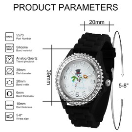 Blekon Christmas Tree Women Watch Crystals Studded Alloy Case Silicone Strap White Dial Santa Claus Analog Watches (Black/Snowman)