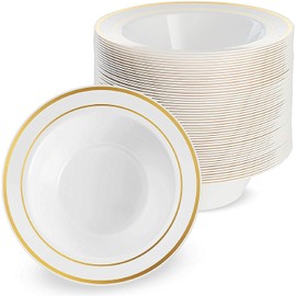 MATANA 50 Premium White Plastic Bowls with Gold Rim, 360ml - Elegant, Sturdy & Reusable - Soup & Dessert Bowls for Weddings, Birthdays, BBQ, Buffets, Catering, Parties